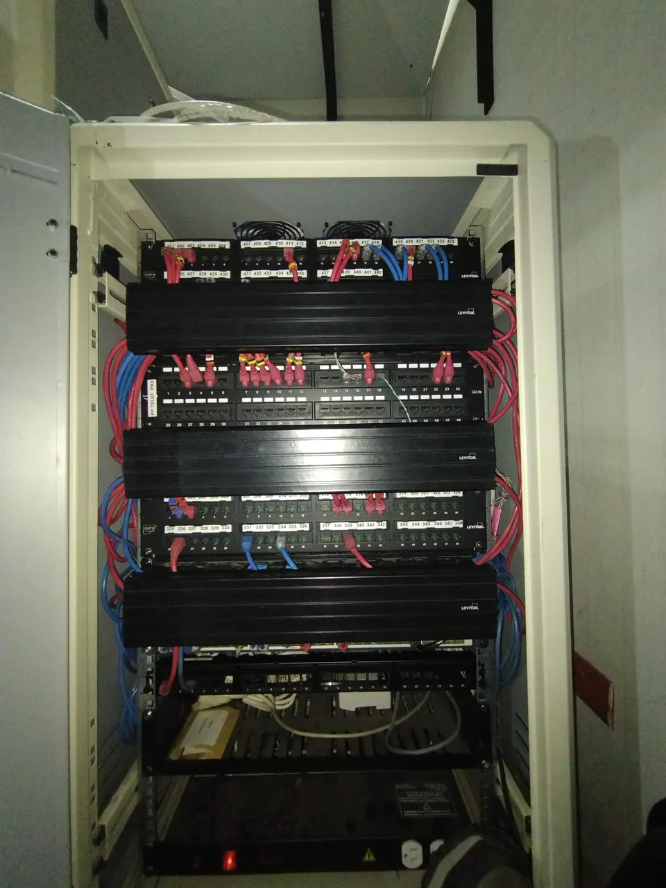 El mismo rack después: organizadores en cada nivel, puertos numerados y patch cords separados por color