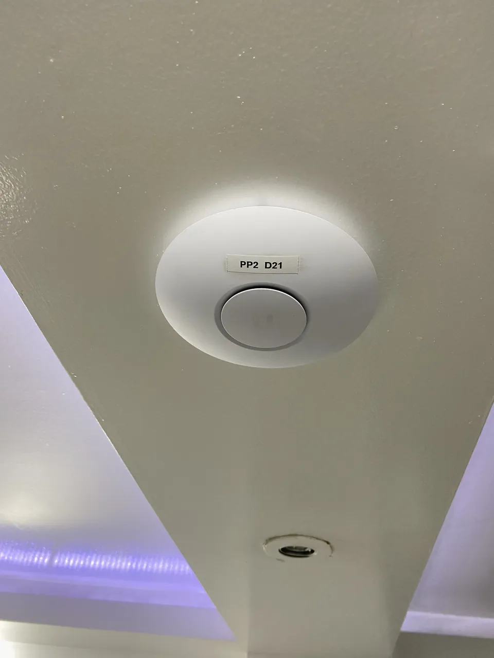Punto de acceso inalámbrico Ubiquiti UniFi montado en el cielo raso, rotulado con el patch panel y el puerto al que corresponde